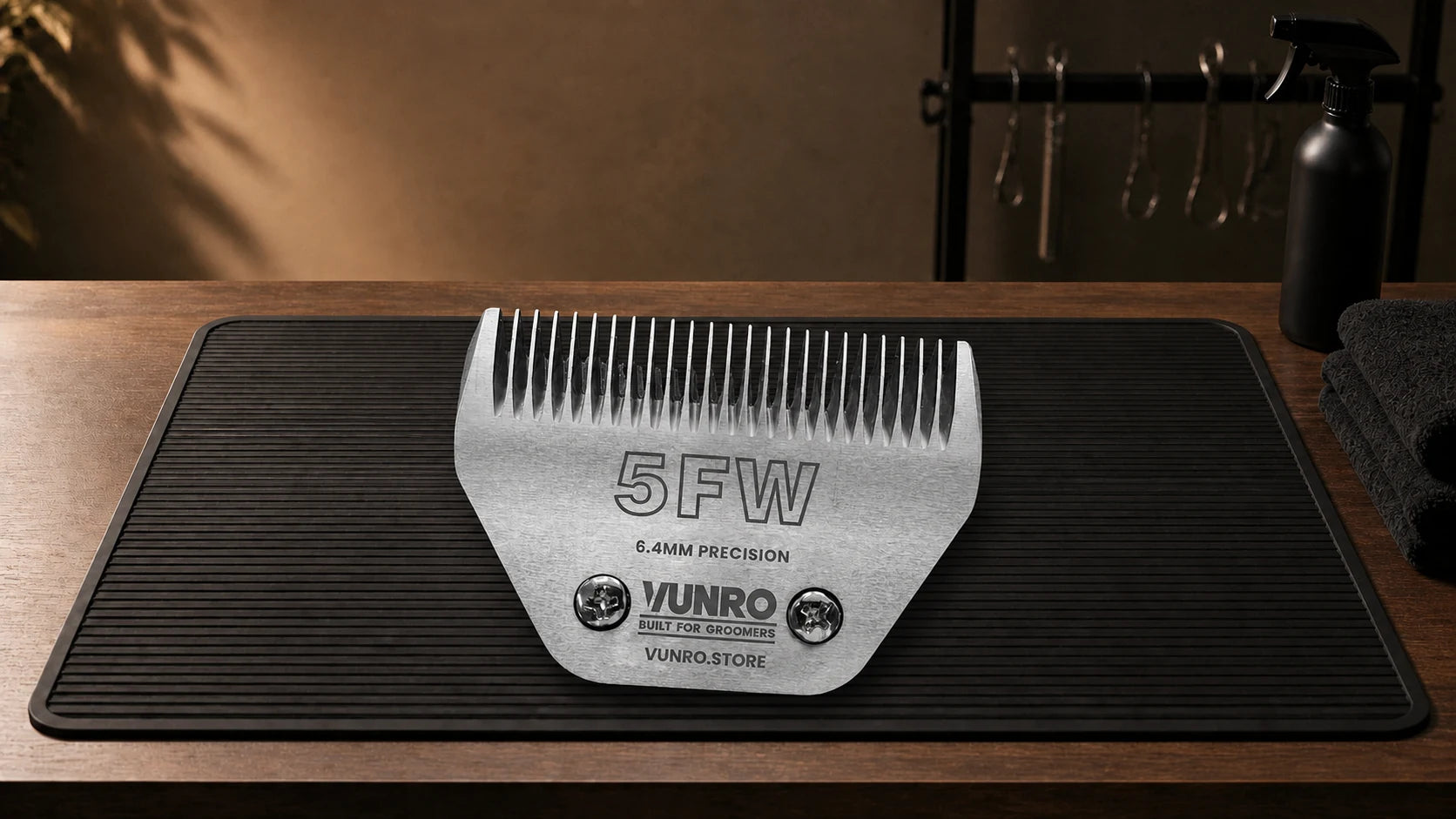 #5FW Dog Clipper Blade (6.4 mm) resting naturally on the VUNRO grooming workbench